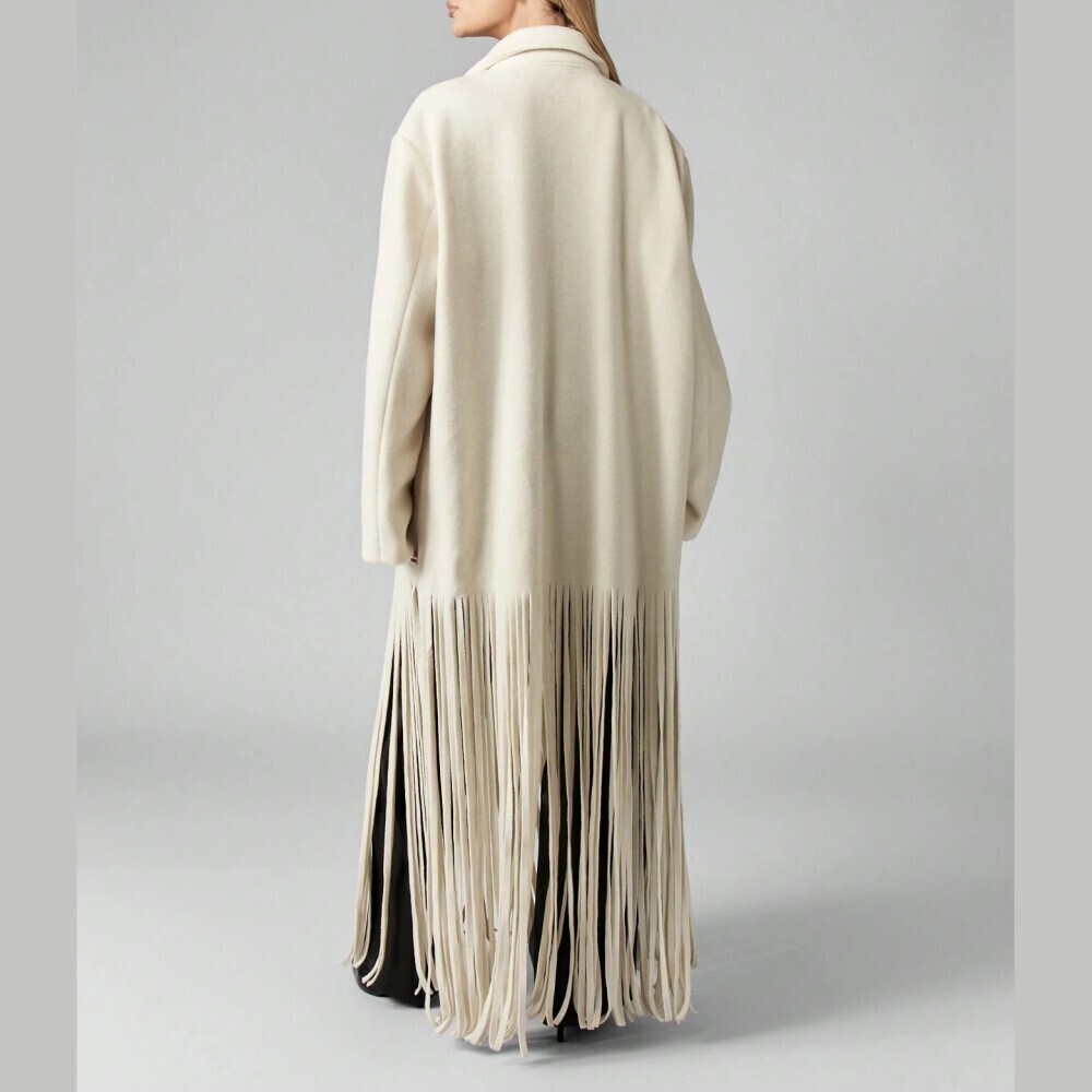 Cream Fringe Hem Oversized Longline Coat - Picture 2 of 6